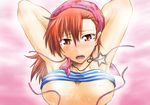  armpits arms_behind arms_behind_back arms_up breasts brown_eyes cleavage devil_survivor hairband megami_ibunroku_devil_survivor orange_hair segami_daisuke tanigawa_yuzu tears tubetop 