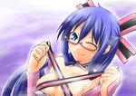  bow devil_survivor glasses komaki_midori megami_ibunroku_devil_survivor purple_hair ribbon segami_daisuke smile wink winking 