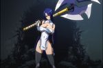  :| arm_behind_back axe bangs bare_shoulders black_legwear blue_hair blunt_bangs breasts cleavage cleavage_cutout closed_mouth covered_navel cowboy_shot dress elbow_gloves gloves halterneck head_tilt hime_cut holding holding_axe holding_weapon huge_weapon large_breasts legs_apart long_hair looking_at_viewer makai_kishi_ingrid ninja over_shoulder pelvic_curtain red_eyes screencap serious short_dress slender_waist solo standing taimanin_(series) taimanin_murasaki taut_clothes thighhighs turtleneck v-shaped_eyebrows very_long_hair weapon white_dress yatsu_murasaki 
