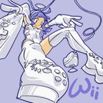  1girl blue_eyes blue_hair console epic looking_down lowres nintendo personification purple_background simple_background wii wii-tan wiimote 