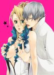  bleach blonde_hair blue_eyes blush breast_grab breasts genderswap grabbing grey_hair ichimaru_gin kira_izuru red_eyes 