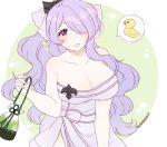  1girl bare_shoulders breasts camilla_(fire_emblem_if) cleavage fire_emblem fire_emblem_heroes fire_emblem_if hair_over_one_eye large_breasts long_hair naked_towel nintendo parted_lips plushcharm purple_eyes purple_hair rubber_duck simple_background solo towel twitter_username upper_body 