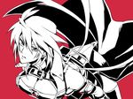  1girl arc_system_works belt blazblue breasts cleavage female genderswap kaneaki_mukku looking_up monochrome ragna_the_bloodedge ryugainoana short_hair simple_background solo thighhighs 