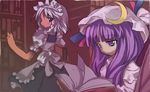  alphes book bookshelf crescent_moon immaterial_and_missing_power izayoi_sakuya jpeg_artifacts library maid maid_headdress moon multiple_girls patchouli_knowledge purple_eyes purple_hair reading touhou voile white_hair 