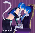  akiyoshi_(tama-pete) animal_ears bad_id bad_pixiv_id blue_hair bridal_gauntlets cat_ears classic_(module) colored_eyelashes dual_persona earrings fang headphones jewelry kaito licking_lips male_focus midriff multiple_boys nail_polish neko_cyber_(module) project_diva_(series) project_diva_2nd selfcest tail tongue tongue_out vocaloid yaoi 