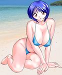  1girl arm_support bare_legs barefoot beach bikini blue_hair breasts erect_nipples large_breasts leaning_forward ocean okamoto okamoto_fujio on_side original photo_background pose short_hair sitting solo swimsuit 