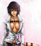  asm177 belt black_hair breasts capcom cleavage devil_may_cry devil_may_cry_4 female gradient gradient_background jacket jewelry lady lady_(devil_may_cry) necklace red_eyes scar short_hair sin_(njn1) solo sunglasses white_background 