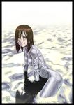  ass breasts brown_eyes brown_hair cyborg female gally gunnm gunnm_last_order kishiro_yukito looking_at_viewer metal metallic_breasts open_mouth painted_face short_hair simple_background solo water wet_hair 