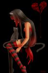  animal animal_ears black_hair cat cat_ears cat_tail catgirl dress heart kattzu legwear long_hair stockings tail thighhighs 