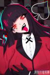  1girl @_@ absurdres ace_glitch arm_up bangs barcode black_gloves black_hair blush breasts bruise bruised_eye checkered_background facial_mark gloves grin hand_on_own_chest heart highres injury jabami_yumeko jacket kakegurui large_breasts long_hair long_sleeves looking_at_viewer open_mouth red_eyes red_jacket school_uniform shirt smile solo teeth tongue tongue_out upper_body upper_teeth white_shirt yandere 