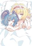  1boy 2girls alice_margatroid animal_ears bangs bed blonde_hair bra breast_grab breasts closed_mouth commentary_request cookie_(touhou) frilled_hairband frills grabbing grey_hair groping hairband ichigo_(cookie) medium_breasts mouse_ears mouse_girl multiple_girls nazrin nyon_(cookie) open_mouth pillow pink_bra red_hairband shared_blanket short_hair sleeping touhou tsuzuchii under_covers underwear upper_body yuri 