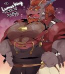  another_eidos_of_dragon_vein_r anthro barboros_(anothereidos_r) beard big_pecs braided_beard clothed clothing dragon eyebrows facial_hair hair hands_on_hips hi_res horn hyaku_(artist) lumus_king male multicolored_body pecs possession red_hair solo thick_eyebrows tongue tongue_out yellow_eyes 