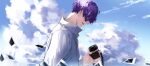  1boy absurdres artist_name blue_sky camera cigarette cloud day hair_over_eyes highres holding holding_camera lluluchwan male_focus mouth_hold original outdoors photo_(object) purple_hair shirt sky solo upper_body white_shirt 