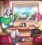  absurd_res anthro bahama_buck beach clothed clothing darbooart detailed_background duo enjoying equid equine female flan food hi_res male male/female mammal monster seaside smile taco yumi zebra 