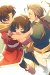  1girl 2boys brown_hair circlet closed_eyes echo_(circa) gensou_suikoden gensou_suikoden_ii hairband jowy_atreides-blight multiple_boys nanami_(suikoden) open_mouth riou_(gensou_suikoden) short_hair smile 