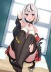  1girl absurdres arm_strap armpits bangs black_collar black_hair black_thighhighs blurry blurry_background blush breasts camisole collar feet grey_hair heart_collar highres hololive legs looking_at_viewer medium_breasts medium_hair multicolored_hair no_shoes ochinsama off-shoulder_jacket off_shoulder open_mouth red_eyes sakamata_chloe sitting skirt soles solo streaked_hair thighhighs toes torn_clothes torn_legwear torn_thighhighs virtual_youtuber white_camisole 