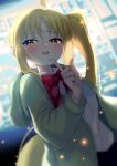  1girl absurdres ahoge backlighting blonde_hair blurry blush bocchi_the_rock! bow bowtie brown_eyes collared_shirt depth_of_field highres hood hooded_jacket ijichi_nijika index_finger_raised jacket light_particles long_hair looking_at_viewer ohako_(ohako1818) open_clothes open_jacket open_mouth outdoors red_bow shirt side_ponytail sidelocks smile solo upper_body vending_machine white_shirt 