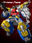  airborne autobot cdubbart character_name collaboration english_commentary full_body glowing glowing_eyes gun holding holding_gun holding_weapon josh_burcham looking_at_viewer mecha no_humans open_hand optimus_prime robot science_fiction solo transformers transformers_armada weapon yellow_eyes 