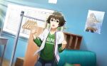  1boy ahoge akizuki_ryo clenched_hands clothes_hanger collared_shirt fingernails glasses glint green_shirt highres idolmaster idolmaster_side-m idolmaster_side-m_live_on_stage! long_sleeves male_focus official_art poster_(object) shirt silhouette undershirt watch wristwatch 