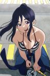  1girl :d bare_shoulders bikini bikini_top_only black_bikini blue_hair blush bodysuit breasts cleavage dunchy highres kneeling large_breasts looking_at_viewer love_live! love_live!_sunshine!! matsuura_kanan open_mouth ponytail purple_eyes smile solo striped striped_bikini swimsuit wetsuit 