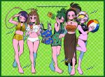  6+girls alternate_costume alternate_hairstyle anna_(aannnaa3) ashido_mina asui_tsuyu ball bangs barefoot beachball bikini black_bikini black_eyes black_hair black_sclera blunt_bangs boku_no_hero_academia border bracelet breasts brown_eyes brown_hair brown_skirt closed_mouth collarbone colored_sclera colored_skin commentary_request double_v earrings flower food full_body gloves green_background green_border green_hair grey_eyes hagakure_tooru hair_rings hair_up highres holding holding_ball holding_beachball holding_food horns ice_cream ice_cream_cone invisible jewelry jirou_kyouka long_hair looking_at_viewer medium_breasts midriff multiple_girls navel necklace one_eye_closed pink_hair pink_skin ponytail purple_hair ring romaji_text short_hair side-tie_bikini_bottom skirt smile standing standing_on_one_leg sunflower swimsuit uraraka_ochako v visor_cap white_bikini white_gloves yaoyorozu_momo yellow_bikini yellow_eyes yellow_horns 