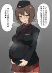  1girl bangs black_jacket blush breasts brown_eyes brown_hair garrison_cap girls_und_panzer hands_on_own_stomach hat highres jacket kuromorimine_military_uniform long_sleeves looking_at_viewer medium_hair military military_uniform ngc20701 nishizumi_maho open_mouth pregnant red_skirt shirt simple_background skirt smile speech_bubble steam sweat sweatdrop translation_request uniform 