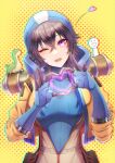  1girl absurdres apex_legends black_hair blue_headwear bodysuit breasts commentary cosplay hair_between_eyes head_tilt heart heart_hands highres ichinose_uruha jacket kiiro_(cocoa080) lupinus_virtual_games medium_breasts medium_hair orange_jacket purple_eyes ribbed_bodysuit smile solo stuffed_toy upper_body virtual_youtuber vspo! wattson_(apex_legends) wattson_(apex_legends)_(cosplay) white_bodysuit yellow_background 