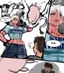  1boy 1girl absurdres animal animal_on_shoulder ayaki_d blank_eyes blue_eyes breasts clothes_writing cow english_text hand_on_hip highres holding holding_animal lips muscular muscular_female navel original pants parted_lips shirt short_hair speech_bubble stay_hydrated strong white_hair white_shirt 