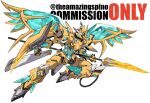  blue_eyes clenched_hand commission highres holding holding_polearm holding_weapon lance looking_ahead mecha mechanical_wings no_humans original polearm robot science_fiction solo theamazingspino twitter_username watermark weapon white_background wings 