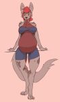  2022 absurd_res anthro arm_support aster_(dima) belly big_belly black_spots bottomwear bra brown_body brown_fur canid canine canis chest_tuft claws clothing digitigrade dima_(artist) female fur hair hi_res looking_at_viewer mammal orange_eyes pregnant red_body red_fur red_hair shorts smile solo spots spotted_body spotted_fur tuft underwear wolf 