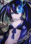  1girl abstract_background bangs bikini black_bikini black_hair black_jacket black_ribbon black_rock_shooter black_rock_shooter_(character) blue_eyes blue_fire breasts chain cleavage closed_mouth collarbone expressionless eyebrows_hidden_by_hair fire flaming_eye front-tie_bikini_top front-tie_top glowing glowing_eye hair_between_eyes halterneck jacket light_particles long_bangs long_hair looking_at_viewer moni_monico navel open_clothes open_jacket ribbon scar signature small_breasts solo spaghetti_strap star_(symbol) star_print stitches swimsuit twintails upper_body 