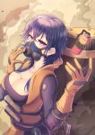 1girl absurdres apex_legends bangs black_bodysuit black_hair blue_hair bodysuit breasts caustic_(apex_legends) caustic_(apex_legends)_(cosplay) cleavage colored_smoke colored_tips commentary cosplay covered_mouth from_above gas_mask gloves hair_behind_ear hair_between_eyes highres ichinose_uruha kiiro_(cocoa080) looking_at_viewer looking_up lupinus_virtual_games mask medium_breasts medium_hair multicolored_hair purple_eyes smoke_bomb solo upper_body virtual_youtuber vspo! yellow_gloves 