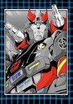  autobot blue_eyes bluestreak_(transformers) checkered_border english_commentary frown highres inker-guy looking_up mecha no_humans robot science_fiction shoulder_cannon solo transformers v-fin western_comics_(style) 