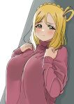  1girl absurdres blonde_hair blush braid breasts closed_mouth crown_braid dot_nose dunchy hands_up highres large_breasts long_sleeves looking_at_viewer love_live! love_live!_sunshine!! ohara_mari pink_sweater see-through_silhouette single_hair_ring solo sweater upper_body yellow_eyes 