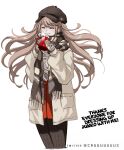  1girl alternate_costume artist_name bangs black_headwear black_pantyhose black_scarf brown_jacket closed_eyes criis-chan cropped_legs cup danganronpa:_trigger_happy_havoc danganronpa_(series) english_commentary enoshima_junko floating_hair holding holding_cup jacket long_hair long_sleeves miniskirt mittens open_clothes open_jacket pantyhose parted_lips pleated_skirt red_skirt scarf shiny shiny_hair simple_background skirt smile solo teeth twitter_strip_game white_background winter_clothes 