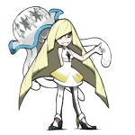  1girl arm_behind_back bare_arms bare_shoulders black_leggings blacknirrow blonde_hair dress english_commentary full_body gem green_eyes green_gemstone hair_over_one_eye high_heels leggings legs_apart long_hair lusamine_(pokemon) nihilego pokemon pokemon_(creature) pokemon_(game) pokemon_sm short_dress simple_background sleeveless sleeveless_dress smile standing two-tone_legwear white_background white_dress white_leggings 