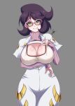  1girl absurdres artist_name bangs breasts capelet closed_mouth commentary covered_nipples dress glasses green_eyes grey_background hand_on_own_chest hand_up head_tilt highres large_breasts lips long_sleeves looking_at_viewer mature_female pink-framed_eyewear pokemon pokemon_(game) pokemon_sm purple_hair shiny shiny_hair shiny_skin short_hair signature simple_background skin_tight sleeves_past_wrists smile tobyllitos turtleneck wicke_(pokemon) 