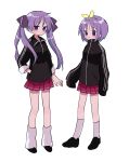  2girls bangs blush bow hair_bow hairband hand_in_pocket highres hiiragi_kagami hiiragi_tsukasa jacket loafers long_hair long_sleeves looking_at_viewer loose_socks lucky_star multiple_girls oversized_clothes pleated_skirt purple_eyes purple_hair ri_(qrcode) shoes short_hair siblings sisters skirt sleeves_past_fingers sleeves_past_wrists socks track_jacket twins 