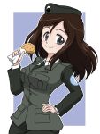  1girl bangs beret black_hair black_headwear black_jacket black_necktie black_skirt blue_background blue_eyes brown_hair closed_mouth commentary dress_shirt emblem food fried_chicken girls_und_panzer hand_on_hip hat holding holding_food jacket japanese_tankery_league_(emblem) long_hair long_sleeves looking_at_viewer megumi_(girls_und_panzer) military military_hat military_uniform necktie outline outside_border pencil_skirt selection_university_(emblem) selection_university_military_uniform shirt skirt smile solo standing swept_bangs takahashi_kurage uniform white_outline white_shirt 