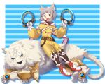  1girl :d animal_ears armored_boots bangs blue_background blunt_bangs boots border brown_hair cat_ears cat_girl chakram dlllll_lllllb dromarch_(xenoblade) full_body gloves highres holding holding_weapon jumpsuit long_sleeves nia_(xenoblade) open_mouth short_hair smile solo tiger weapon white_border white_gloves xenoblade_chronicles_(series) xenoblade_chronicles_2 yellow_eyes yellow_jumpsuit 