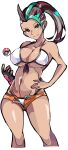  1girl absurdres ahoge armpits bangs bare_shoulders bra breasts cleavage collarbone dark_skin dyed_bangs enpe feet_out_of_frame freckles front-tie_bra gauntlets green_stripes high_ponytail highres large_breasts looking_at_viewer midriff navel nemona_(pokemon) open_clothes open_shorts orange_eyes orange_shorts panties poke_ball poke_ball_(basic) pokemon pokemon_(game) pokemon_sv ponytail shorts stomach thick_thighs thigh_gap thighs throwing_poke_ball underwear white_bra white_panties 