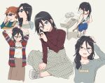  2girls absurdres adjusting_hair amano_shin bangs black_hair blush brown_hair cardigan crossed_legs glasses grey_shirt grey_skirt hand_up head_tilt hibike!_euphonium highres long_hair long_sleeves looking_at_another looking_at_viewer multiple_girls multiple_views oumae_kumiko over-rim_eyewear parted_lips ponytail red-framed_eyewear red_shirt semi-rimless_eyewear shirt short_hair sitting skirt standing sunglasses tanaka_asuka 