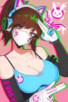 1girl @_@ absurdres ace_glitch animal_print animification arm_up bangs barcode bare_shoulders blue_shirt breasts brown_eyes brown_hair bunny_print cat_ear_headphones character_name cleavage collarbone crop_top d.va_(overwatch) gloves headphones heart highres large_breasts light_blush looking_at_viewer masked overwatch overwatch_2 pink_background ponytail salute shirt short_hair solo upper_body white_gloves white_mask 