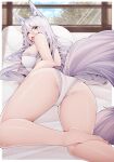  1girl absurdres animal_ear_fluff animal_ears ass azur_lane bed breasts fox_ears fox_girl fox_tail highres kitsune large_tail lying on_stomach panties pillow samip shinano_(azur_lane) tail thighs tongue tongue_out underwear white_panties white_tail 