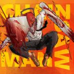  1boy absurdres black_necktie blood blood_from_mouth blood_on_clothes blood_on_weapon blood_splatter chainsaw chainsaw_man collared_shirt denji_(chainsaw_man) glowing glowing_eye highres instagram_username midair necktie orange_theme sharp_teeth shirt solo stephengiannart teeth twitter_username weapon white_shirt 