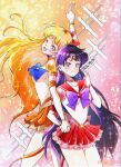  aino_minako back_bow bangs bishoujo_senshi_sailor_moon black_hair blonde_hair blue_bow blue_bowtie blue_eyes bow bowtie choker collar earrings elbow_gloves gem gloves hair_bow highres hino_rei holding_hands jewelry long_hair miniskirt ofuda orange_collar orange_skirt pleated_skirt puffy_short_sleeves puffy_sleeves purple_bow purple_bowtie purple_eyes purple_hair red_bow red_choker red_gemstone red_sailor_collar red_skirt sailor_collar sailor_mars sailor_venus shirt short_sleeves skirt star_(symbol) star_choker star_earrings status727 super_sailor_mars_(stars) super_sailor_venus super_sailor_venus_(stars) tiara white_gloves white_shirt yellow_bow 