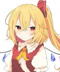  1girl absurdres ascot bangs blonde_hair bow clenched_hand closed_mouth dot_nose flandre_scarlet hair_between_eyes hair_bow hand_up highres light_frown long_hair looking_at_viewer necono_(nyu6poko) ponytail puffy_short_sleeves puffy_sleeves red_bow red_eyes red_vest shirt short_sleeves simple_background solo sweatdrop touhou upper_body vest white_background white_shirt wings yellow_ascot 