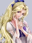  bangs blonde_hair blue_eyes blue_ribbon breasts celes_chere dress final_fantasy final_fantasy_vi haya_(ahalf) high_ponytail long_hair long_sleeves nose official_alternate_costume parted_bangs ribbon wavy_hair white_dress 