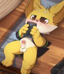  anthro balls belly blush bodily_fluids bottomless cat_smile clothed clothing coat cum cum_drip cum_on_penis dripping erection fur genital_fluids genitals glans hi_res holding_object holding_phone league_of_legends looking_at_object looking_at_phone lying male navel on_back open_clothing open_coat open_topwear partially_clothed penis perineum phone pink_glans riot_games smite_(artist) solo topwear video_games white_belly yellow_body yellow_fur yordle 