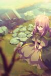  1girl arche_klein branch closed_mouth dress echo_(circa) full_body long_hair on_floor pink_eyes pink_hair sitting solo tales_of_(series) tales_of_phantasia water 
